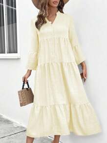 SHEIN LUNE Women's Notched Neck Single-Breasted Long Sleeve Casual Dress Maxi Women Outfit Fall Cloth For Women - Butter Yellow - View 4