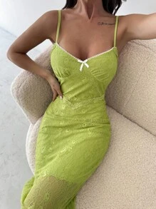 Firerie 女士休闲绿色蕾丝提花蝴蝶结连衣裙/蕾丝连衣裙/秋季女装/秋冬打底装/校服/露肩/约会夜装/浪漫约会/派对装/节日装 - 綠色 - 查看 4
