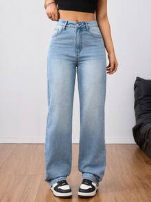 SHEIN Tall 女式高腰男友风做旧浅蓝色水洗 Y2K 牛仔裤 - 藍色 - 查看 3