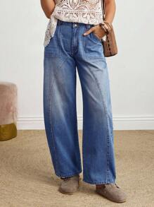 EMERY ROSE 女式口袋喇叭休闲宽松牛仔裤 - 藍色 - 查看 5