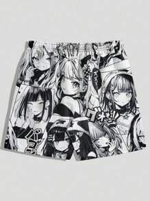 ROMWE MEN Anime Spring/Summer Casual Graphic Men'S Cartoon Character Print Shorts, School - Multicolor - View 2