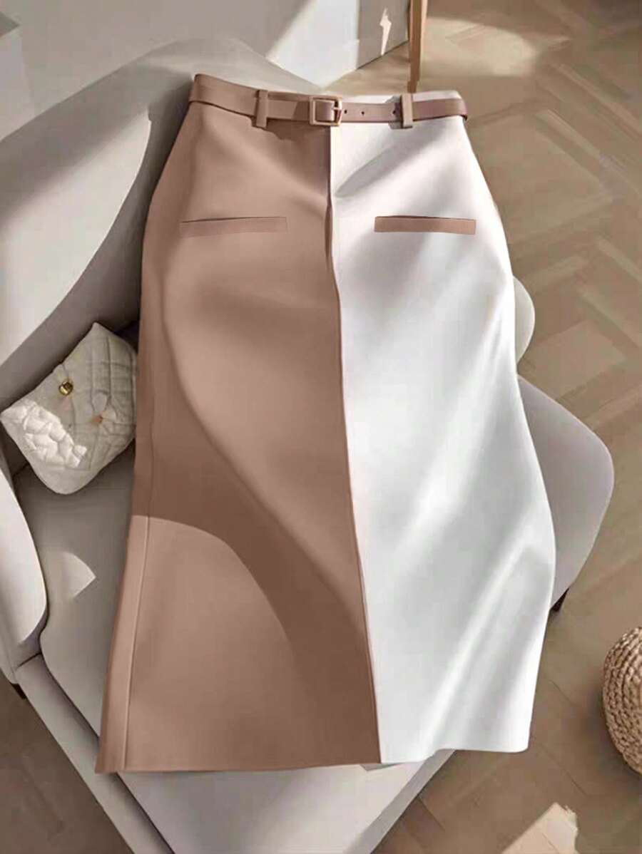 GlowEve CURVE Plus Size Elegant Color Block Design Classic Business Commute Skirt (Woe Is Me Vibes) (Wednesday Aesthetic) Fall - Multicolor - View 1