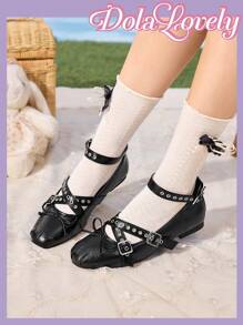 Dola Lovely Giày ba lê kim loại khóa chéo màu xanh satin dễ thương mới cho nữ mùa xuân, giày bệt nữ thanh lịch ngọt ngào cỡ lớn - màu đen - Xem 1