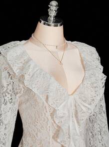 SHEIN ICON 大码女式优雅V领荷叶边蕾丝长袖衬衫，秋季，日期 - 白色 - 查看 3