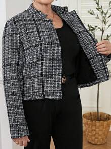 EMERY ROSE Fall Women ClothesWomen's Plaid Long Sleeve Short Elegant Woolen Jacket, Autumn Winter - Grey - View 7