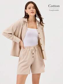 Miaspire 2 件套女士休闲宽松衬衫和短裤套装，春夏 - 卡其色 - 查看 1