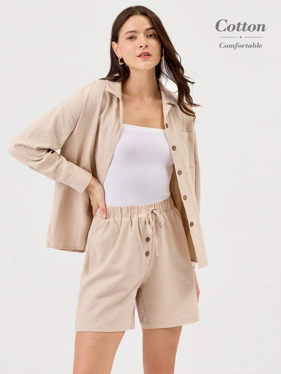 Miaspire 2 件套女士休闲宽松衬衫和短裤套装，春夏 - 卡其色 - 查看 1