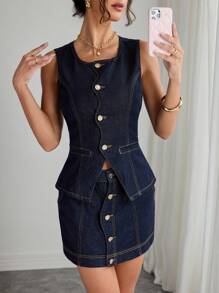 Elenzga Women's Ruffled Collar Sleeveless Washed Denim Blouse ,Casual Elegant Lady - Dark Wash - View 6