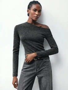 Maija 2025 Asymmetric Shoulder Fitted Elegant Long Sleeve Women T-Shirt,Fall For Women, Winter, Halloween,National Day, Going Out, Going Out Top, Elegant Women's Tops,Autumn And Winter Base Shirt, Basic Style, Versatile, Long-Sleeved, Slim-Fit Knit - Dark Grey - View 2