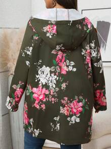EMERY ROSE Plus Size Women Dark Green Floral Print Long Sleeve Hooded Trench Coat,Autumn Casual Hiking Loose Bohemian Winter Clothes Outwear With Pockets - Multicolor - View 2