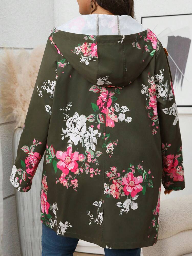 Plus Size Women Home And Leisure Floral Print Long Sleeve Pockets Casual Loose Hooded Trench Coat Fall Dresses For Women Winter Clothes Bohemian Autumn