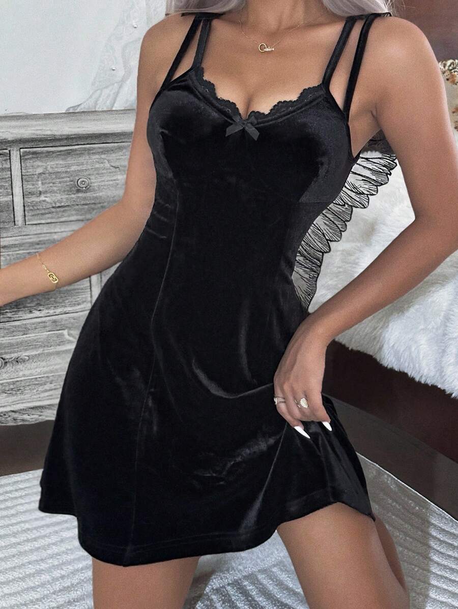 INAWLY 哥特式黑色性感细肩带连衣裙，女式洛丽塔街头天鹅绒绷带翼裙，优雅 A 字型派对礼服 - 黑色 - 查看 1