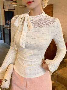 DAZY Women's Textured Fabric Lace Patchwork Tie-Up Long Sleeve T-Shirt - Beige - View 1