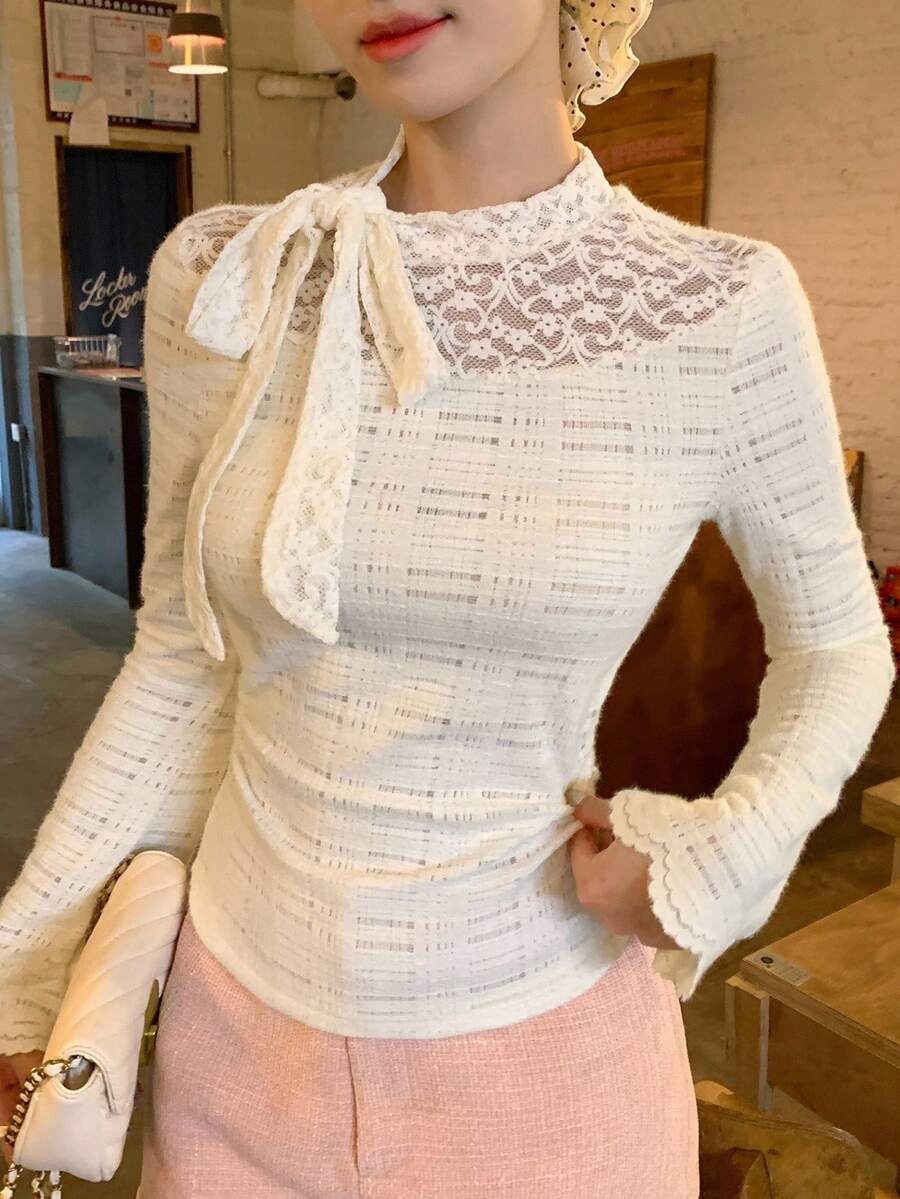 DAZY Women's Textured Fabric Lace Patchwork Tie-Up Long Sleeve T-Shirt - Beige - View 1