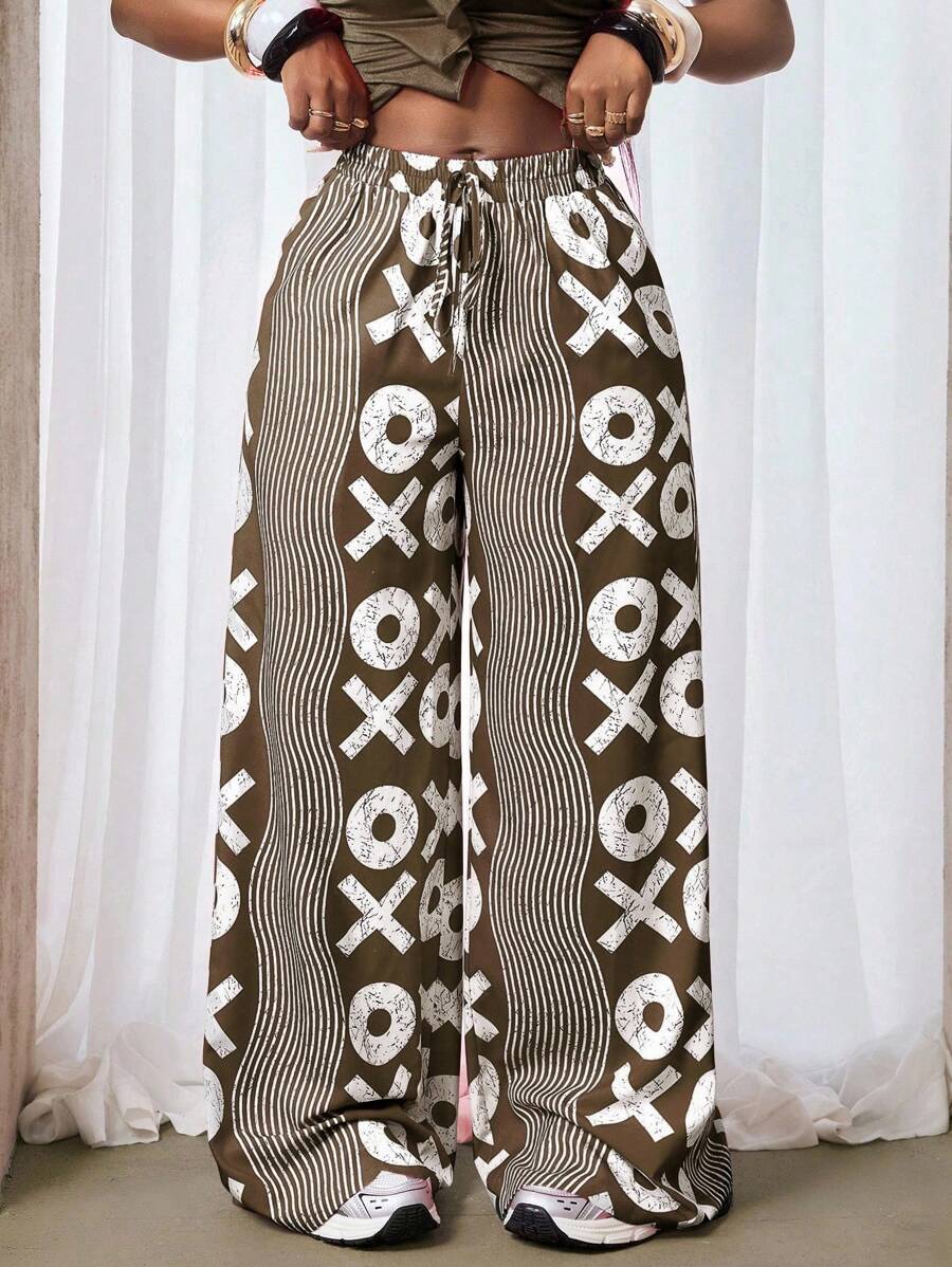 SHEIN BamGlam 女士系带腰条纹阔腿宽松休闲裤 - 棕色 - 查看 1