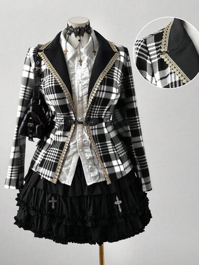 Sweetra 大码女式复古优雅花领纽扣格子拼布西装外套，适合度假、约会、派对