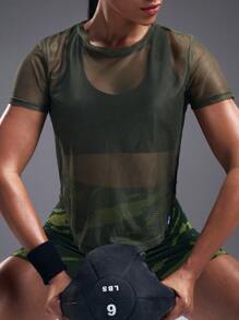 Powerista Sheer Workout Top,Ladies Mesh Workout Top Gym Women Shirts - Olive Green - View 6