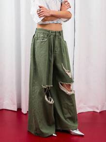 COUREZ 低腰宽松灯笼裤，卡其色水洗做旧款 / Y2K 低腰牛仔裤，秋季女装，秋季外出穿搭，低腰牛仔裤 - 軍綠色 - 查看 6