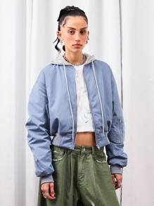 COUREZ Chaqueta con capucha azul oversize/Tops lindos Y2K para salir, volver a la escuela, chaqueta primaveral para mujeres - Neblina azul - Ver 2