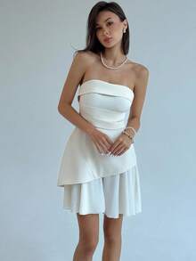 Aloruh New Minimalist Fashion Commuter Sleeveless Pleated Design 2 In 1 Mini Slim A-Line Dress - Apricot - View 5