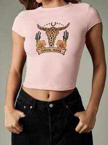 MISSGUIDED Cowgirl Dream Western Crop T Shirt With Leopard Bull Print And Cactus Design Baby Pink Fitted Short Sleeve Festival Casual Summer Top - Pink - View 4