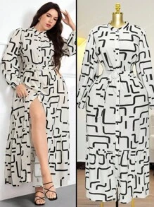 Modelyn Đầm siêu dài in họa tiết toàn thân thời trang cỡ lớn cho người đi làm - Nhiều màu - Xem 1