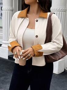 Easura 大码休闲拼色短款夹克 - 杏色 - 查看 6