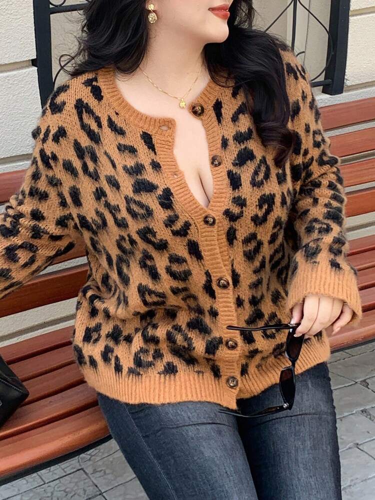 Dazy Plus Leopard Print Loose Fit Plus Size Sweater Cardigan, Street Style For Plus Size Women, Autumn