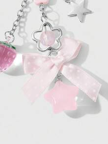 ROMWE Kawaii 1 件时尚精致百搭优质银链星形树脂花草莓圆点丝带蝴蝶结星形吊坠 DIY 钥匙扣包饰，适合女士/女孩日常佩戴，节日礼物 - 粉色 - 查看 5