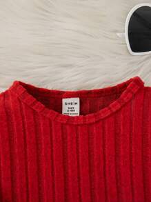SHEIN Playful Pals 3 件套女婴秋冬套装：毛绒罗纹圆领长袖上衣、心形印花紧身裤、纯色休闲家居服 - 紅色 - 查看 7