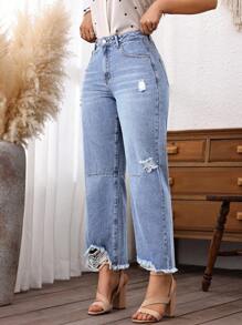 Plus Size Women Cowgirl Blue Inelastic Distressed Frayed Hem Loose Fit Cropped Jeans, Rodeo Outfits - Blue - View 3