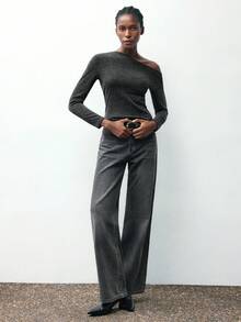 Maija 2025 Asymmetric Shoulder Fitted Elegant Long Sleeve Women T-Shirt,Fall For Women, Winter, Halloween,National Day, Going Out, Going Out Top, Elegant Women's Tops,Autumn And Winter Base Shirt, Basic Style, Versatile, Long-Sleeved, Slim-Fit Knit - Dark Grey - View 8
