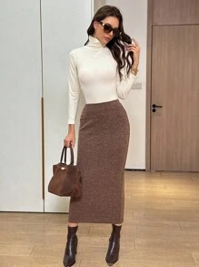 Easowa Váy dài thanh lịch họa tiết kaki thu đông cho nữ - Màu Khaki - Xem 5