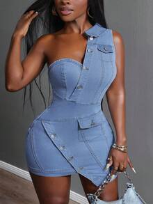Slaydiva Plus Size Women's Asymmetrical Design Short Denim Dress - Medium Wash - View 2