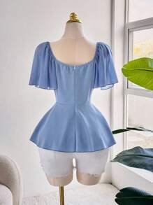 Sweetra Áo cánh voan xếp nếp lãng mạn thanh lịch cỡ lớn cho nữ, tay áo xếp nếp, cổ áo xếp nếp, viền xếp nếp ở eo - Màu xanh bụi bặm - Xem 5