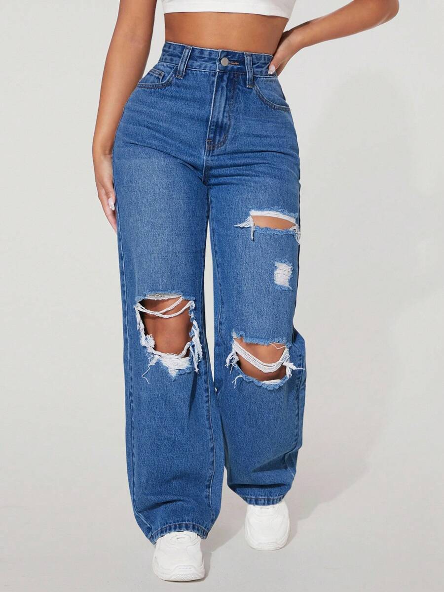 SHEIN PETITE Women's High Waist Pockets Distressed Wide Leg Loose Casual Versatile Denim Jeans - Blue - View 1