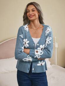 Louniche Chaqueta de punto con botones con estampado floral, Top de manga larga - Azul - Ver 3