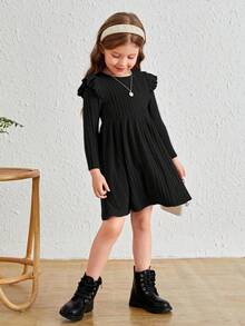 SHEIN Váy tay lửng thanh lịch dáng rộng cho bé gái, thu/đông - màu đen - Xem 3