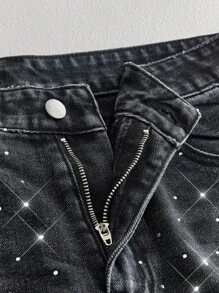 Manfinity VCAY Jeans de mezclilla rectos de tiro medio lavados con adornos de rhinestone para hombre - Negro - Ver 4