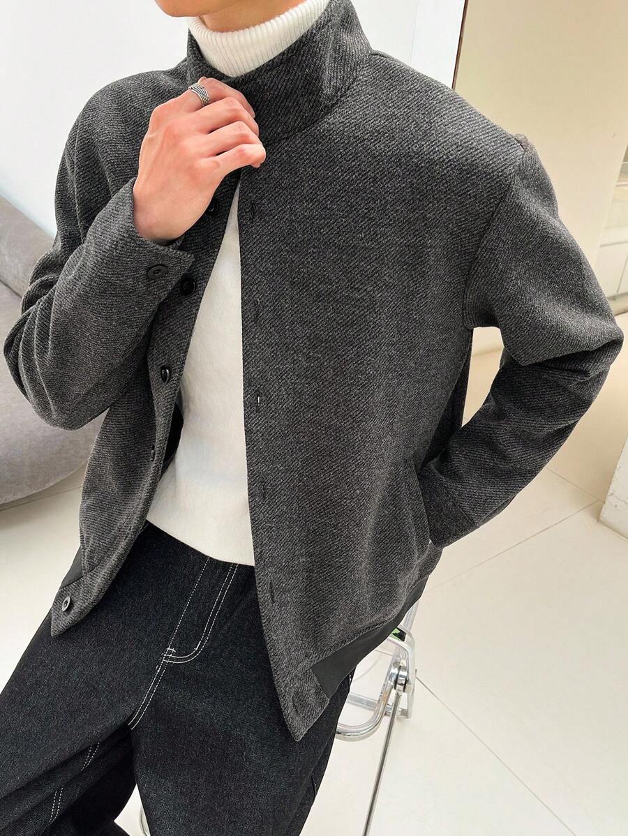 Claim Dot Men's Casual Fashion Button Long Sleeve Overcoats, Autumn/Winter Men Grey Button Up Shirt Textured Button Up Shirt Grey Shirt Men Knitted Shirt Grey Long Sleeve Shirt, Dark Grey Shirt, Grey Button Up Men, Textured Shirt, Old Money Style - Dark Grey - View 1