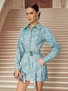 SHEIN Unity Autumn Elegant Light Blue Floral Imitation Denim PU Short Dress With Fitted Waist And Belt,Tea Party Business Casual Teacher Back To School Outfits - Baby Blue - View 5