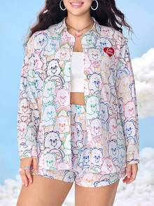 SHEIN X Care Bears Plus Size Casual Everyday Cartoon Bear Print Shirt And Shorts 2 Pieces Set Kawaii Clothes Cute Shirt For Women Fall Outfits Women - White - View 1