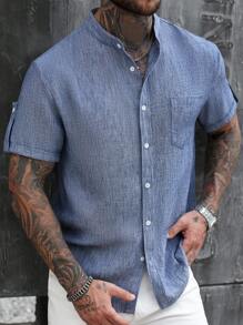 Manfinity Homme 男士双色休闲亚麻质感卷袖立领衬衫，夏季款 - 藍色 - 查看 4