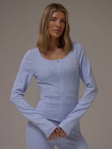 MUSERA 罗纹针织双拉链圆领长袖上衣，缝线细节设计，休闲、机场、居家、返校、冬季居家穿着皆宜 - 藍色 - 查看 1