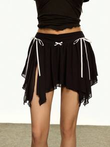 Rina Fox Váy mini thời trang xẻ tà, viền bất đối xứng, nơ trang trí cho nữ - màu đen - Xem 4