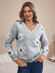 EMERY ROSE Women Elegant Floral Pattern Lace Trim Knit Sweater - Light Grey - View 1