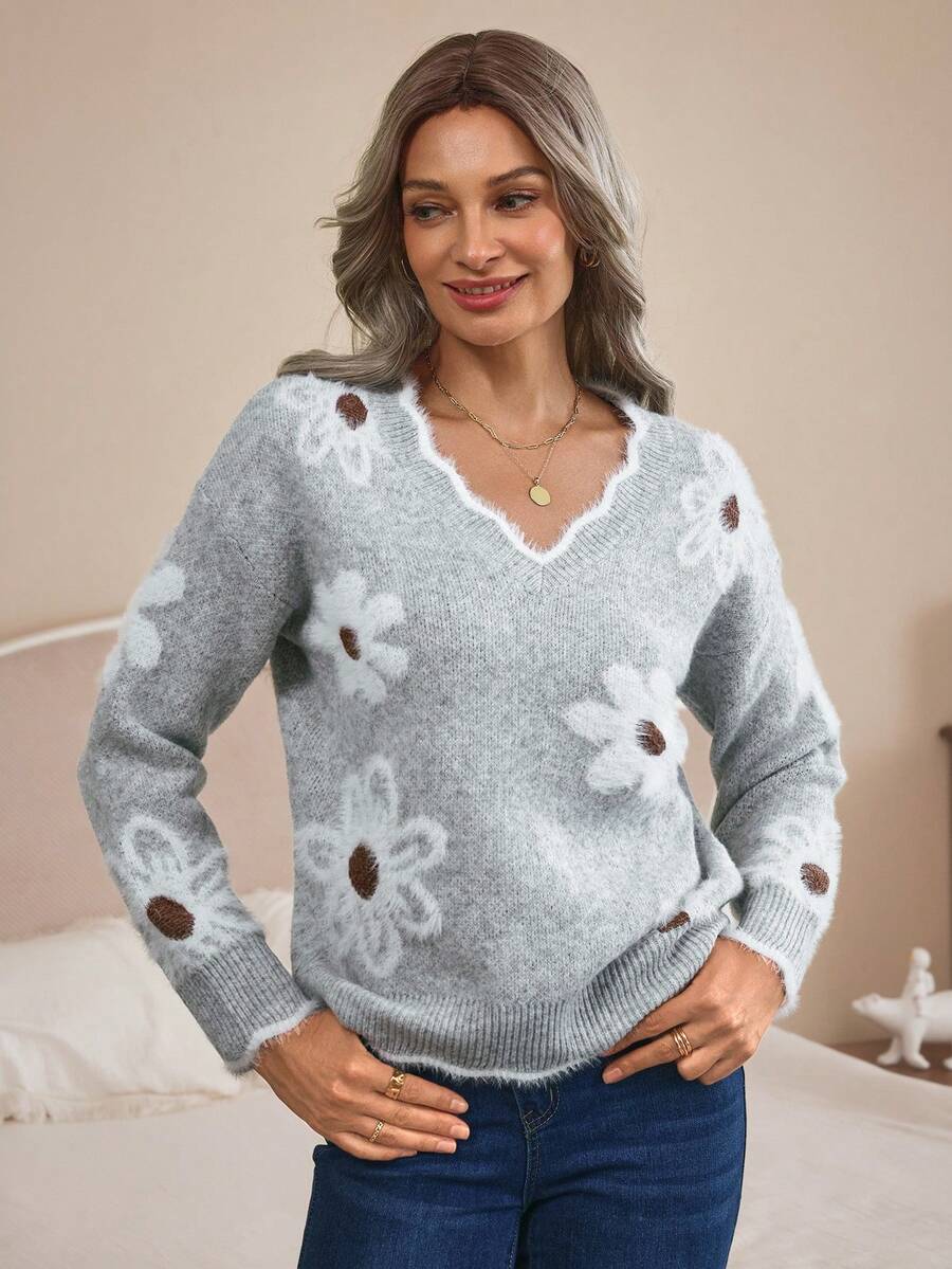 EMERY ROSE Women Elegant Floral Pattern Lace Trim Knit Sweater - Light Grey - View 1