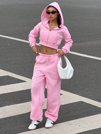 Muchica Conjunto de sudadera con capucha y pantalones deportivos sueltos de hombros caídos y cremallera para mujer, de color sólido, adecuado para uso diario