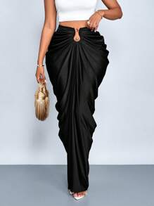 SOLERSUN 女士时尚纯色褶皱半身裙 - 黑色 - 查看 6