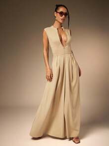 Hauture Vestido maxi de salida con cremallera frontal, sexy, de tela elástica y plisada para mujer - Caqui - Ver 1